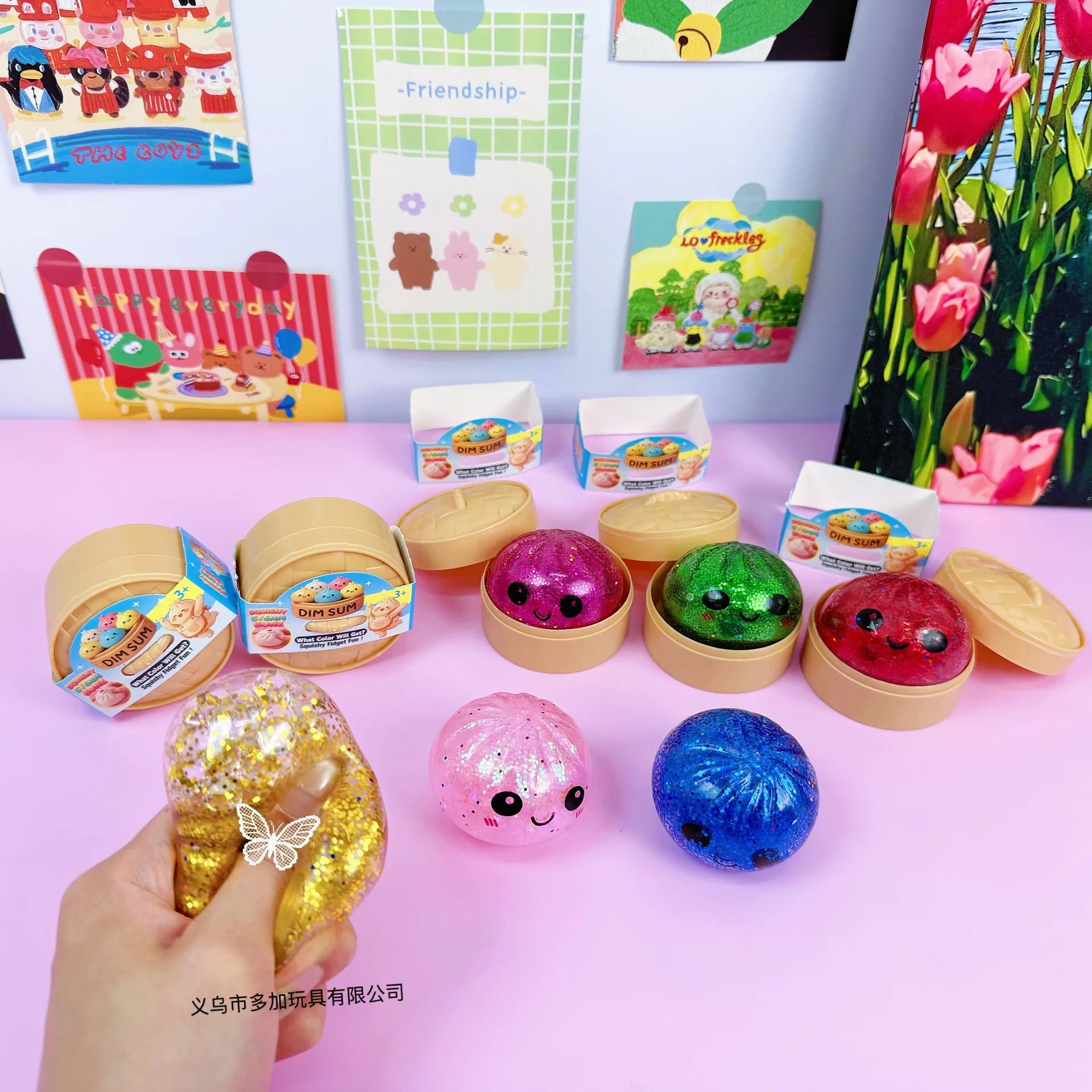 1-24pcs Glitter Dumpling Squishy With Steamer Box  Squeeze Toy Stress & Anxiety Toys Random Color