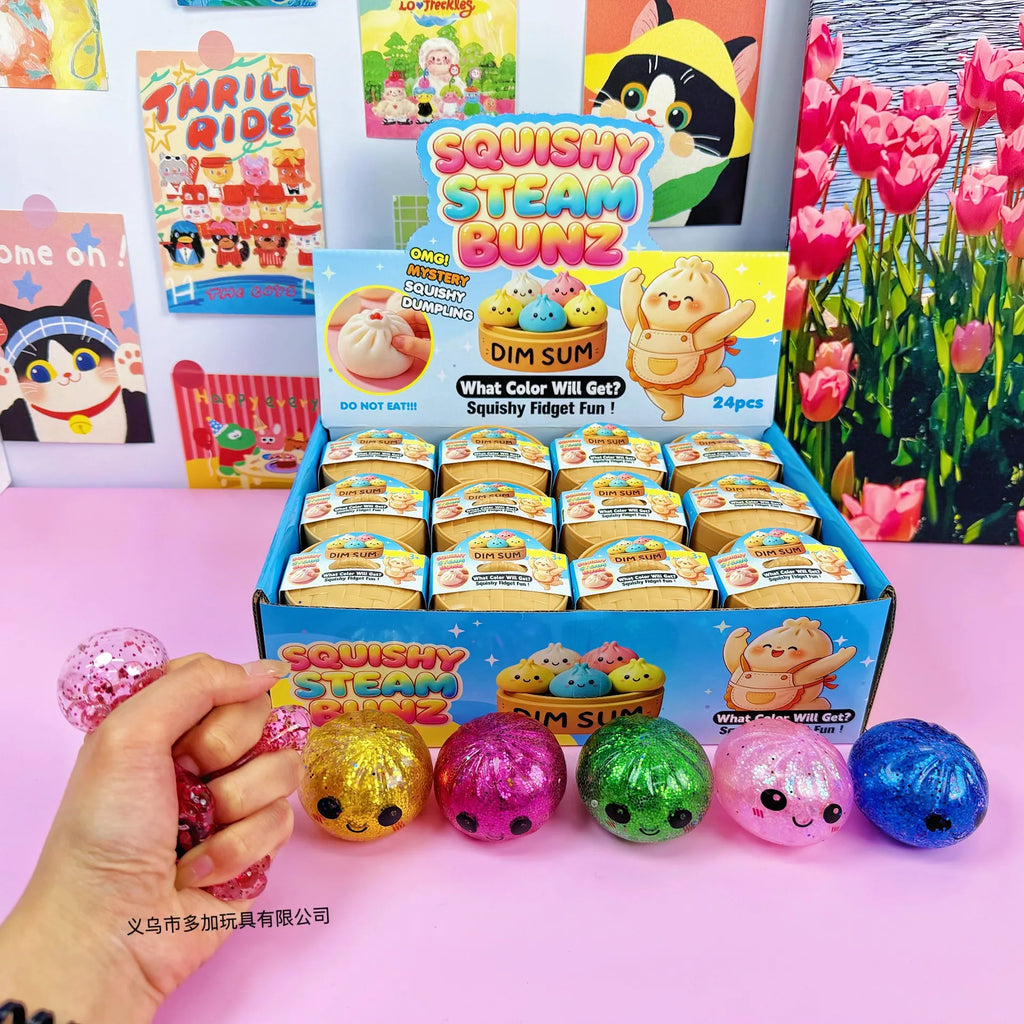 1-24pcs Glitter Dumpling Squishy With Steamer Box  Squeeze Toy Stress & Anxiety Toys Random Color