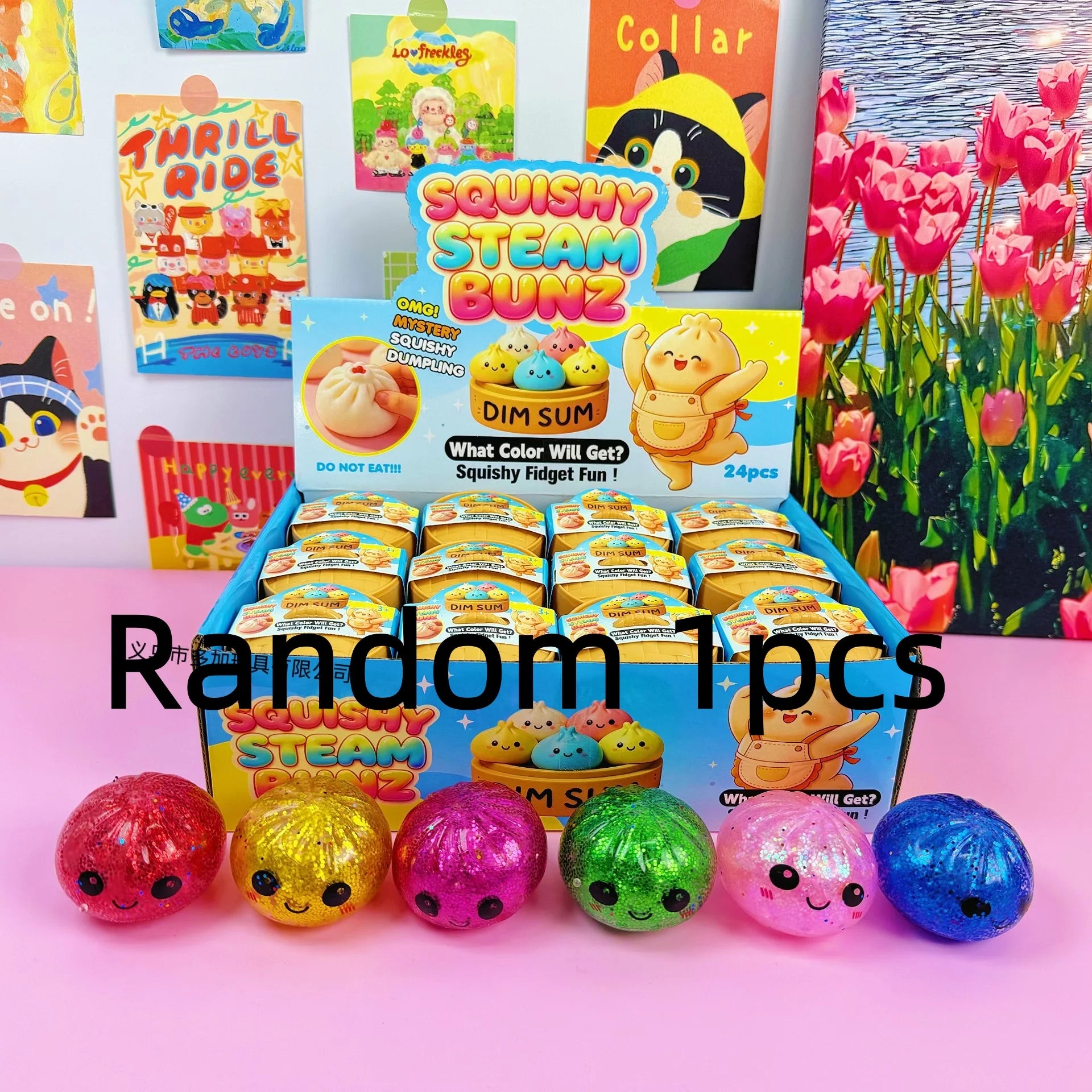 1-24pcs Glitter Dumpling Squishy With Steamer Box  Squeeze Toy Stress & Anxiety Toys Random Color