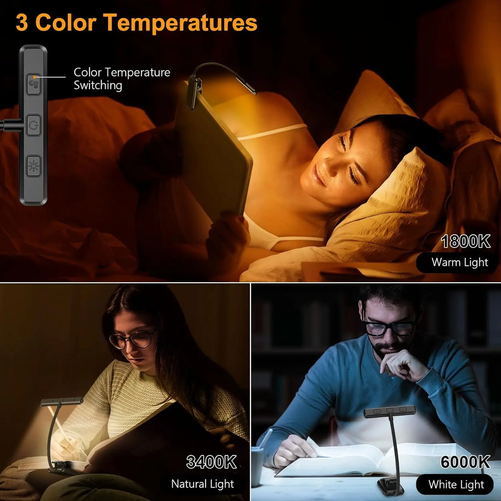 19 LED Rechargeable Book Light with Memory, 3 Color Temperatures, Stepless Dimming, 90H Runtime, Eye-Caring Clip-On Light for Reading