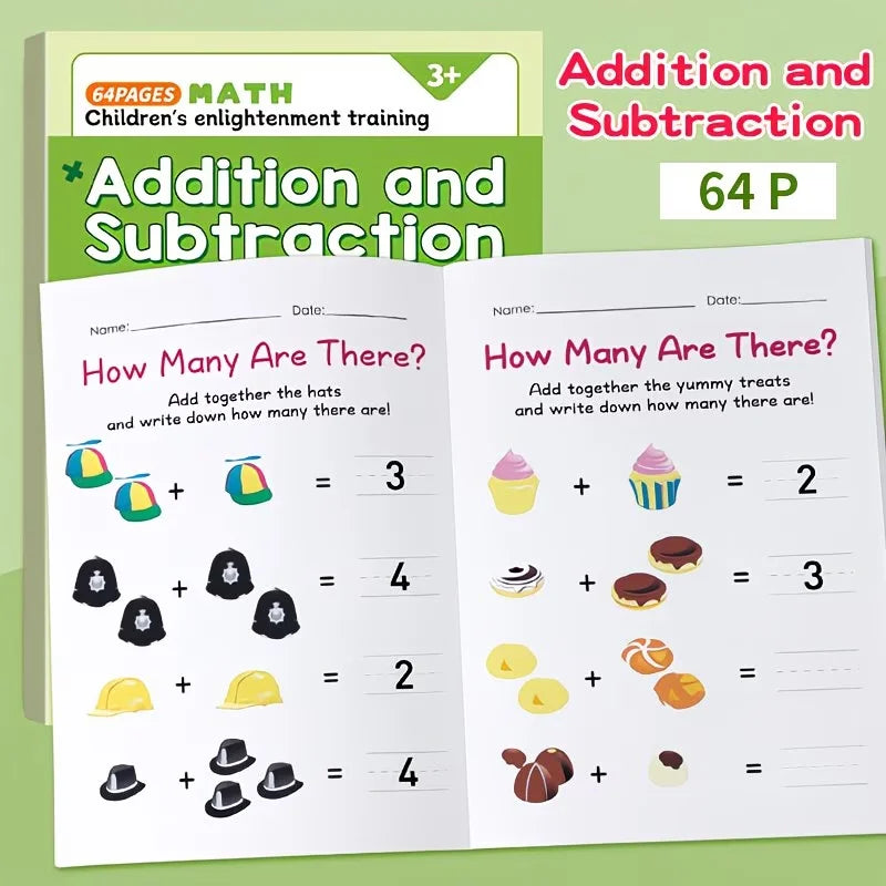 64-Page Illustrated Arithmetic Book, Interactive Preschool Math Workbook, Includes Number Tracing, Addition and Subtraction Practice Exercises - Early Learning Activities, Suitable for Young Children's Counting Exercises, App