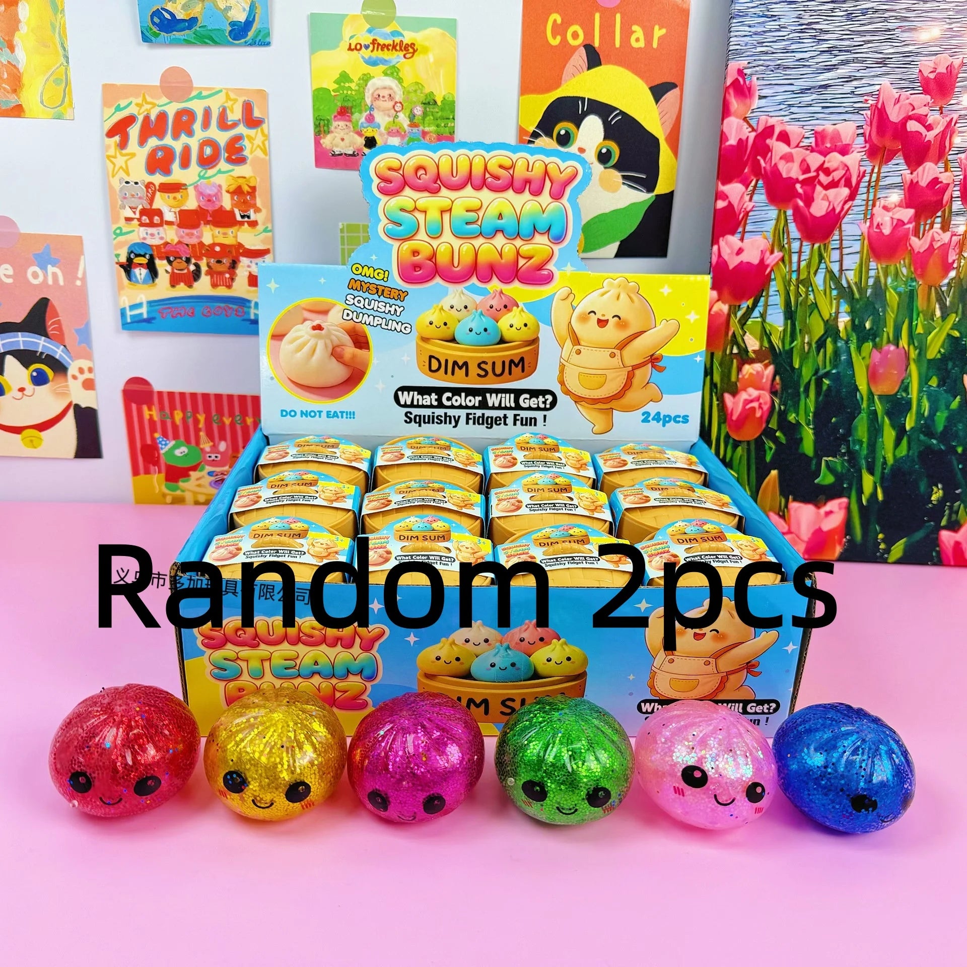 1-24pcs Glitter Dumpling Squishy With Steamer Box  Squeeze Toy Stress & Anxiety Toys Random Color