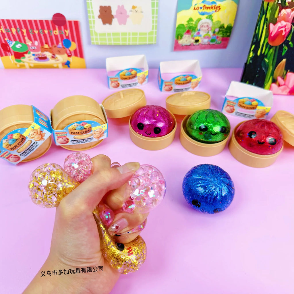 1-24pcs Glitter Dumpling Squishy With Steamer Box  Squeeze Toy Stress & Anxiety Toys Random Color