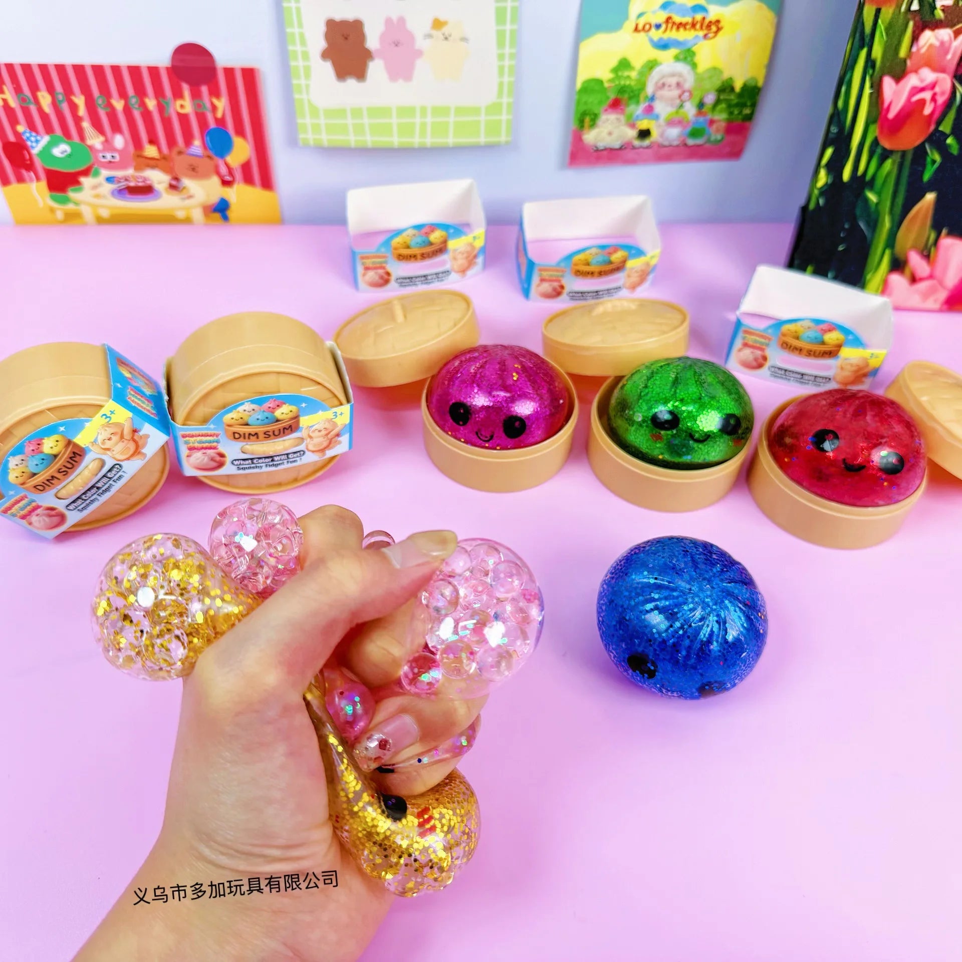 1-24pcs Glitter Dumpling Squishy With Steamer Box  Squeeze Toy Stress & Anxiety Toys Random Color