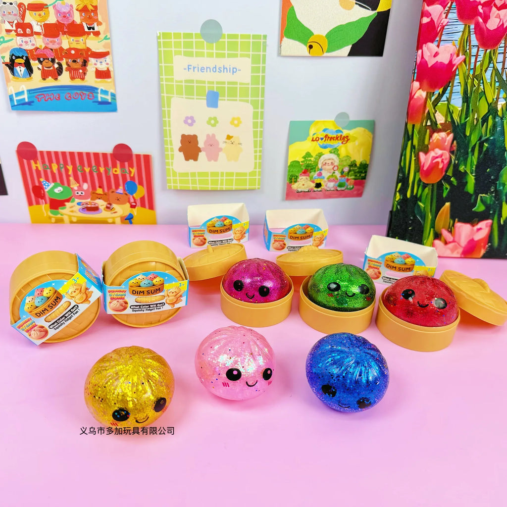 1-24pcs Glitter Dumpling Squishy With Steamer Box  Squeeze Toy Stress & Anxiety Toys Random Color