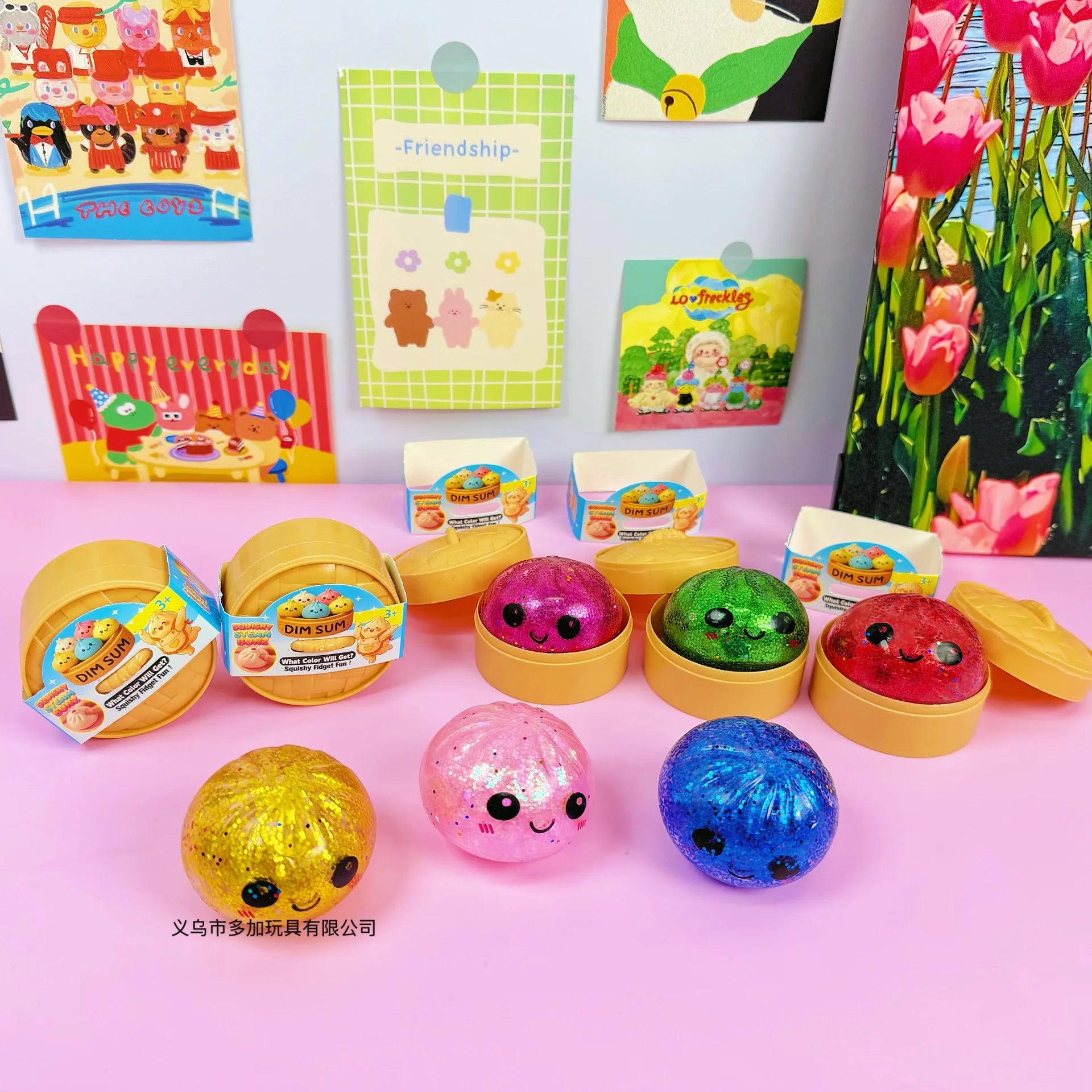1-24pcs Glitter Dumpling Squishy With Steamer Box  Squeeze Toy Stress & Anxiety Toys Random Color