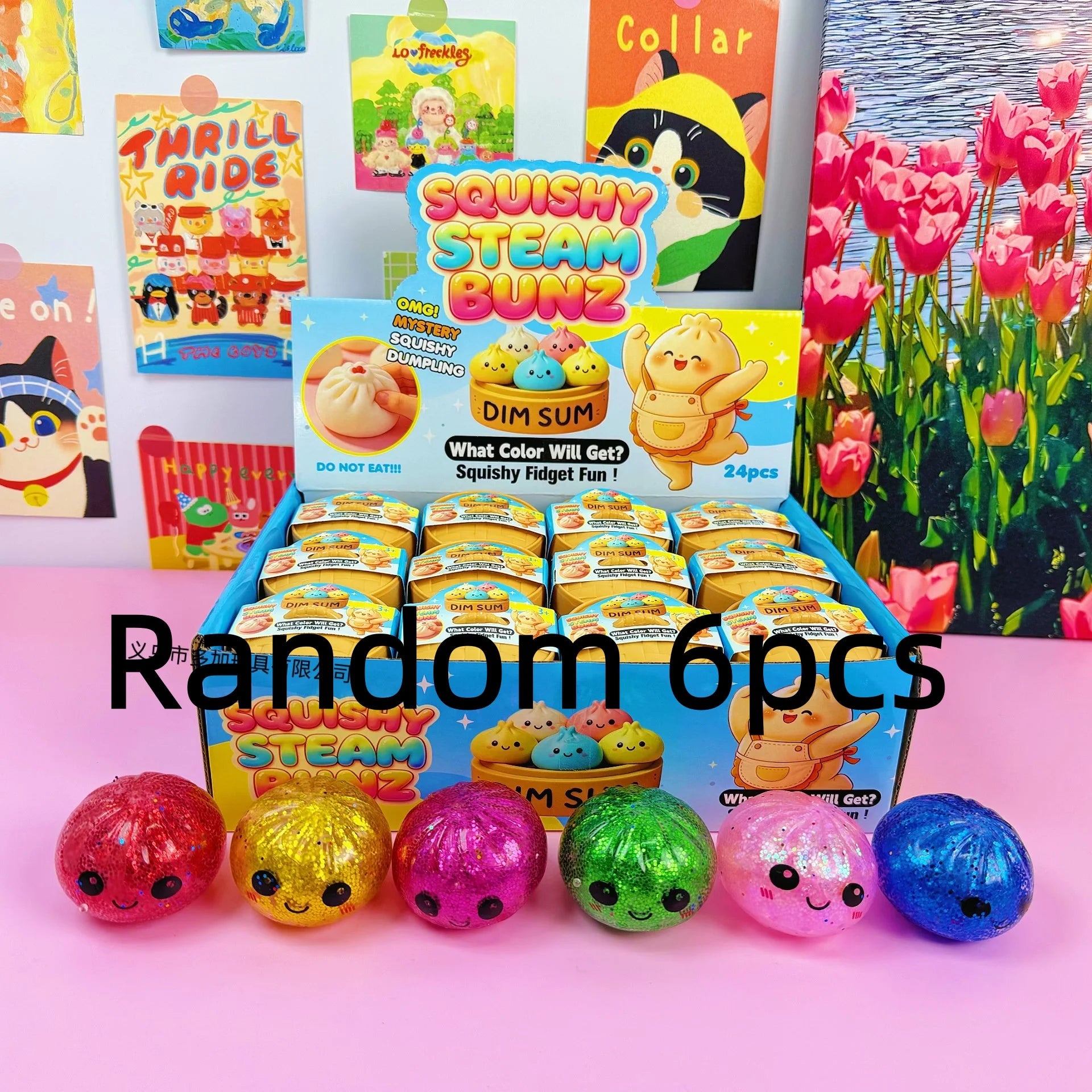 1-24pcs Glitter Dumpling Squishy With Steamer Box  Squeeze Toy Stress & Anxiety Toys Random Color